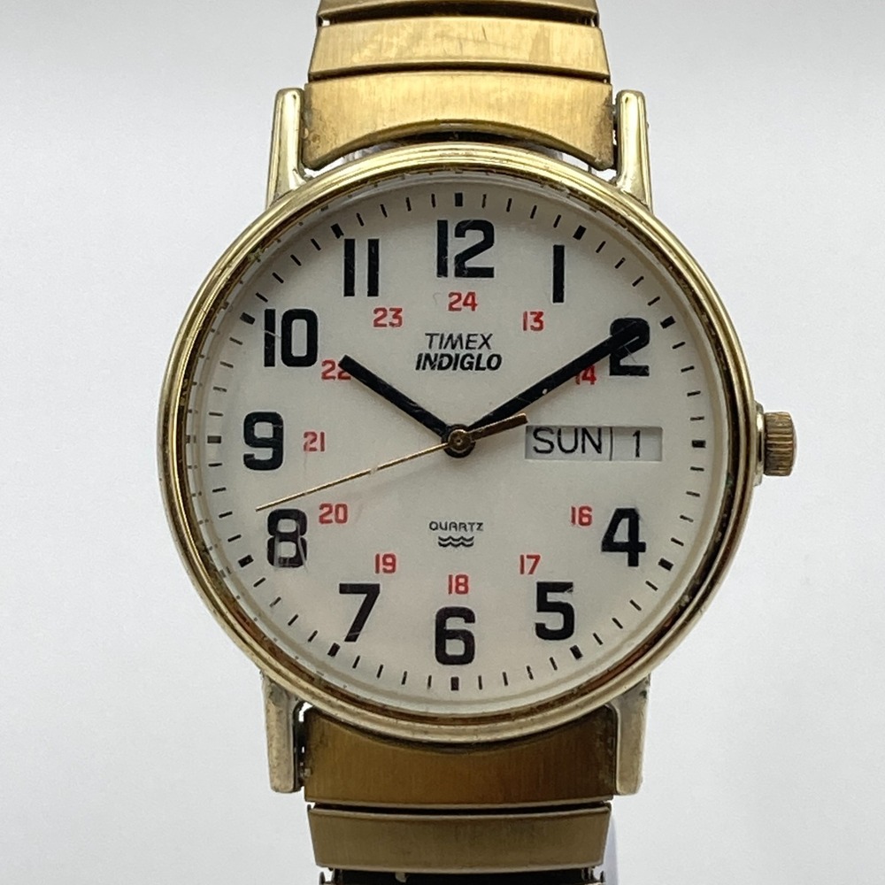 Timex Easy Reader Mens Watch 34mm Gold Tone Indiglo Day Date New Battery 1998 7"